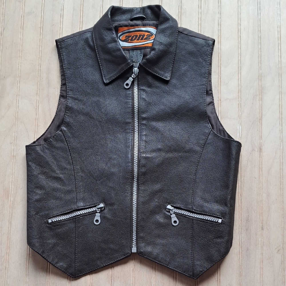 Zonz Pigskin Biker 90's Y2K Vintage Boys Leather Moto Vest Zip Front Tailored